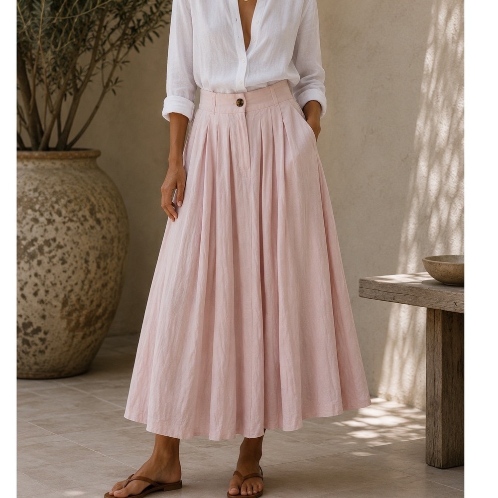 Mara Hoffman Midi Skirt Women Size 4 Pink 100% Hemp Pleated High Waist Pockets